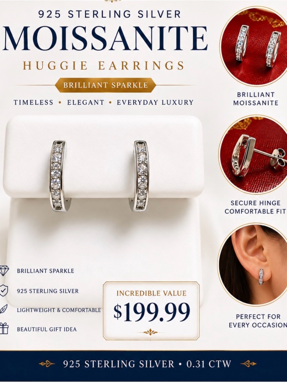 Moissanite 925 Sterling Silver Huggie Earrings - Silver